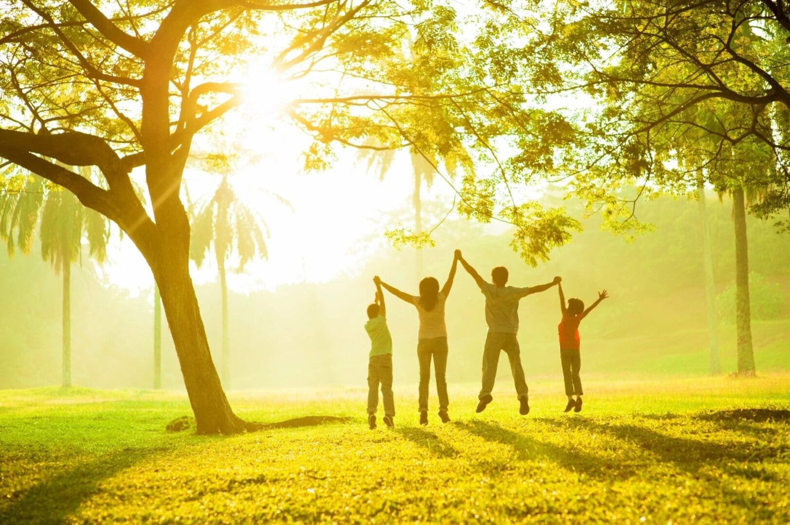 A group of people standing under a tree with their hands in the air.